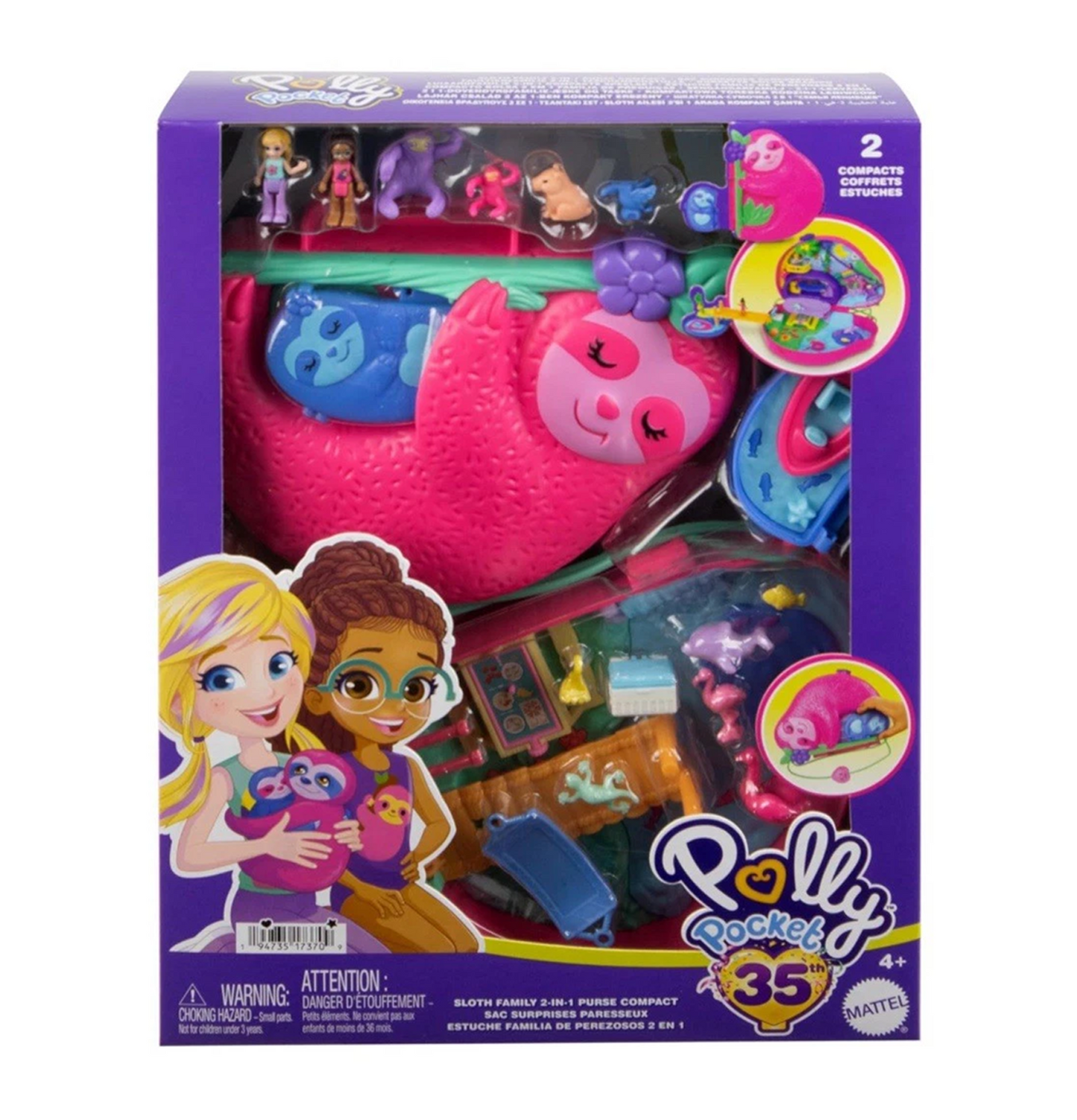 Polly Pocket Dolls and Playset, Sloth Family 2-in-1 Purse Compact