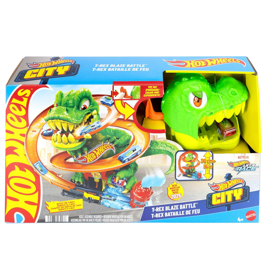 Hot Wheels Diecast City T-Rex Blaze Battle Playset 1:64 Scale Dinosaur Nemesis