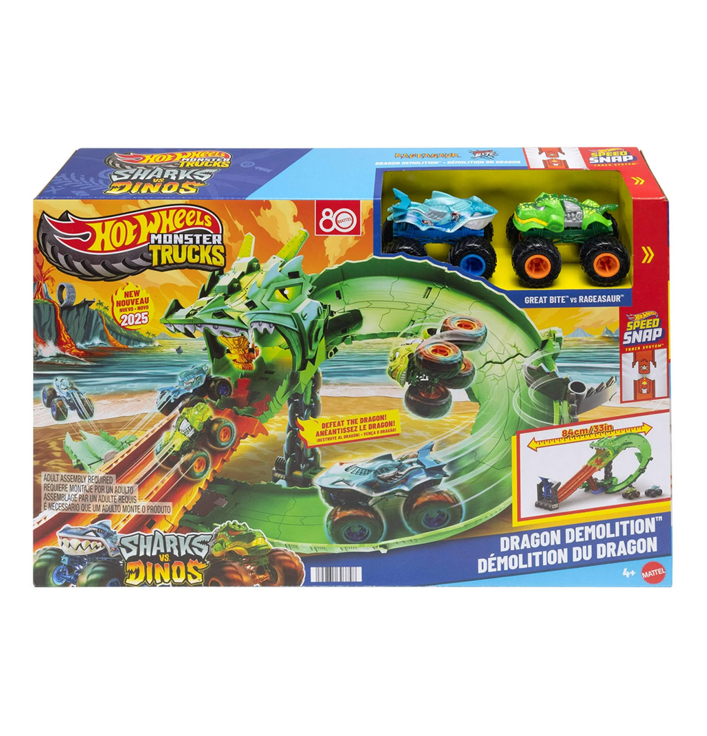 Hot Wheels Monster Trucks Sharks vs Dinos Dragon Destruction Playset