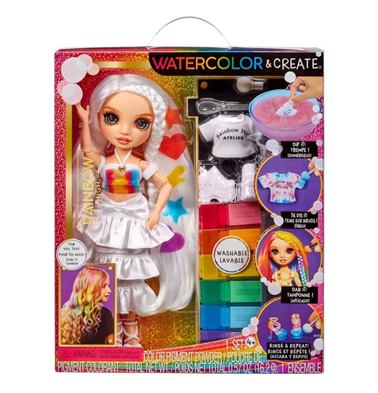 Rainbow High Watercolor & Create Fashion DIY Doll with Washable Watercolors, Brown Eyes, Curled Hair