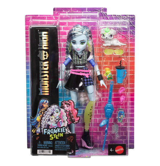 Monster High Frankie Stein Fashion Doll in Black Pleather Skirt with Pet Watzie