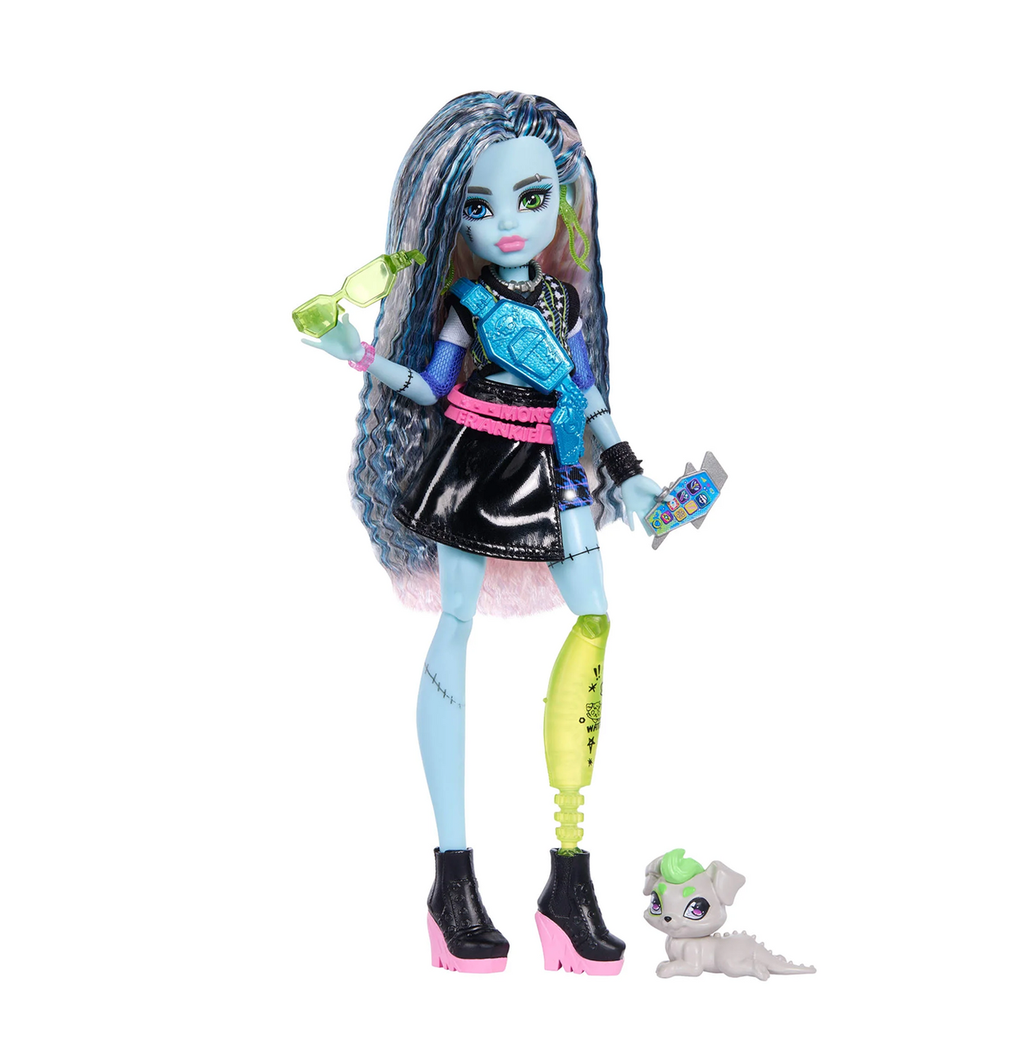 Monster High Frankie Stein Fashion Doll in Black Pleather Skirt with Pet Watzie