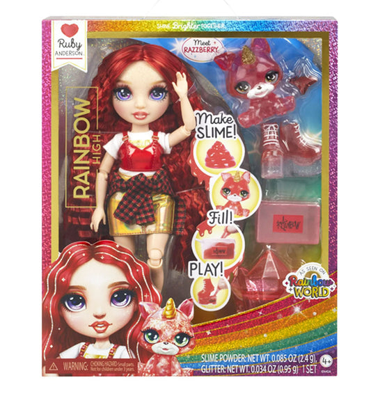 Rainbow High Ruby with Slime Kit & Pet, 11” Doll, Red