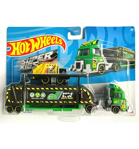 Hot Wheels Super Rigs Trash Basher (Black/Green) - Detachable Trailer & 1:64 Scale Vehicle